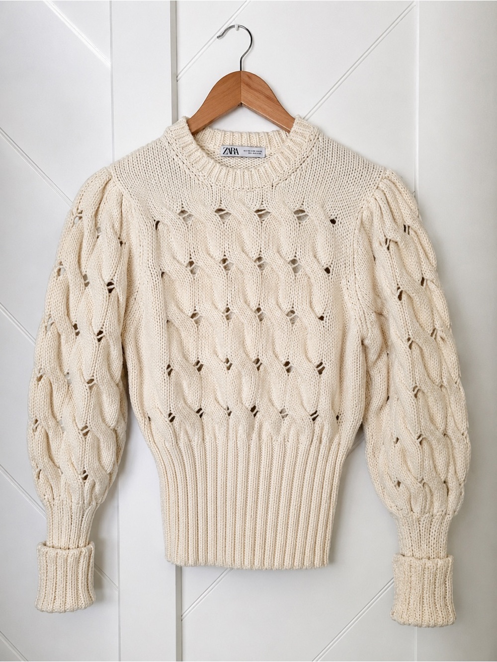 Zara Cable Knit Puff Sleeve Cream Sweater Cotton Blend Size M